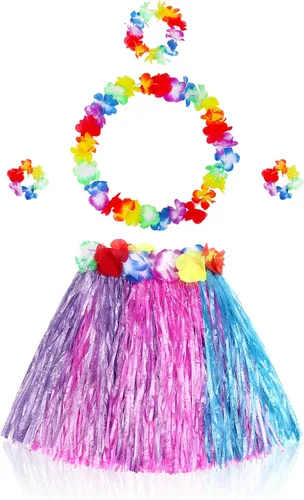 Vista 9 de Fortuning's JDS Falda hawaiana de hierba hula para niña, con flores elásticas a juego, juego de disfraz para fiesta de playa tropical Luau Azul