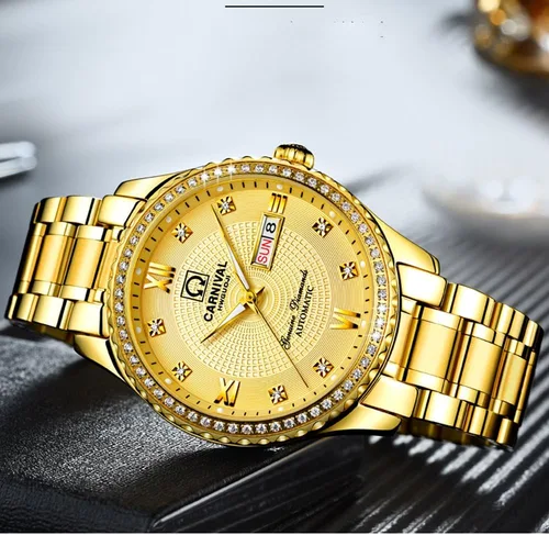 Vista 4 de Carnival Reloj negro para hombre con esfera automática, de acero inoxidable, cristal de zafiro, impermeable, para hombre Dorado (Full Gold)
