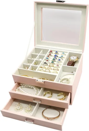 Vista 4 de DQUTAR Joyero con tapa de cristal caja organizadora de joyas de piel sintética de 3 capas con 2 cajones joyero para mujeres y niñas caja de joyería