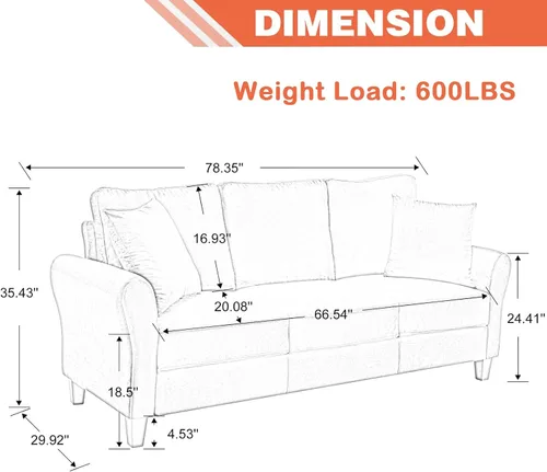 Vista 2 de Sofá tapizado de terciopelo de 3 plazas con 2 almohadas, sofá moderno de 78 pulgadas con patas de madera maciza para sala de estar, apartamento