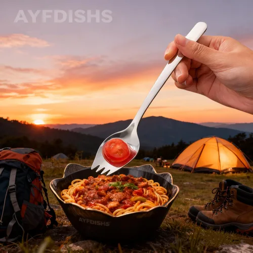 Vista 3 de YFWOOD Sporks, 4 tenedores de acero inoxidable 18/10, tenedores de metal para acampar y uso doméstico, mango largo de 7.4 pulgadas de largo
