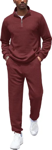 Vista 12 de COOFANDY Chándal para Hombre de 2 Piezas con Cremallera de un Cuarto Conjunto de Entrenamiento Jacquard a Cuadros para Trotar Verde militar