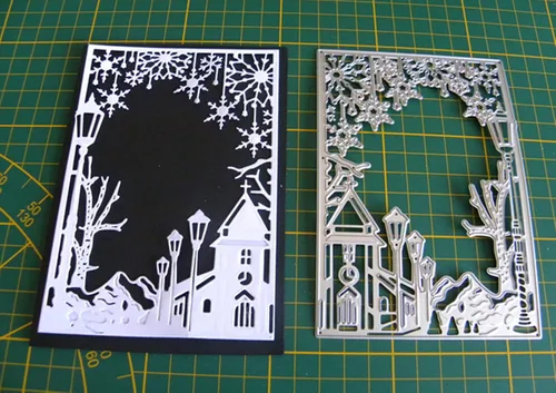 Vista 5 de Castillo de copo de nieve marco rectangular troquelado de metal, plantillas de Navidad, manualidades, tarjetas, troqueles de corte