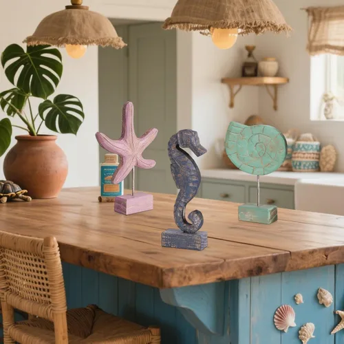 Vista 2 de 3pcs madera estrella de mar, caracola/caballito de mar estatua Multicolor
