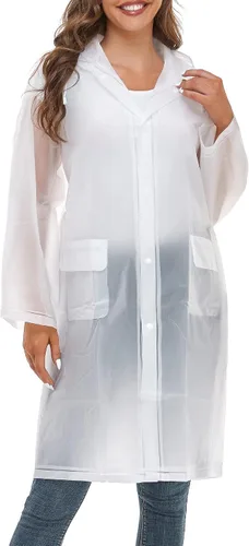 Vista 3 de JMinger Chubasqueros para mujeres y hombres, reutilizables, portátiles, impermeables, EVA, largos, poncho de lluvia con capucha
