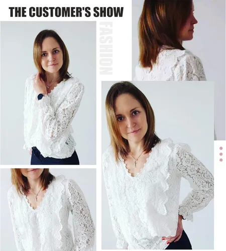 Vista 5 de SHEWIN Blusas estilo bohemio con cuello en V y encaje para mujer