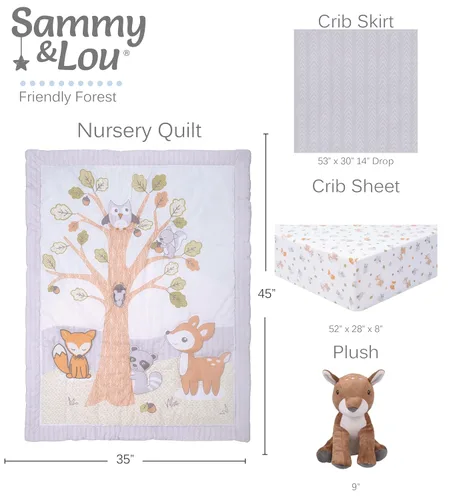 Vista 16 de Sammy & Lou Friendly Forest - Juego de ropa de cama para cuna de bebé de 4 piezas, incluye edredón, sábanas bajeras para cuna neutrales, falda
