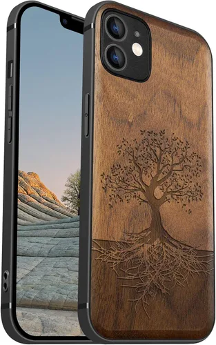 Vista 11 de Carveit Funda de madera para iPhone 12, árbol con raíces - Blackwood) Blackwood-12