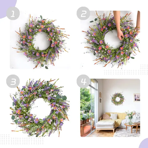 Vista 3 de Corona de flores silvestres de primavera y uso diario de 24 pulgadas para puerta delantera, hojas verdes mixtas y corona de flores