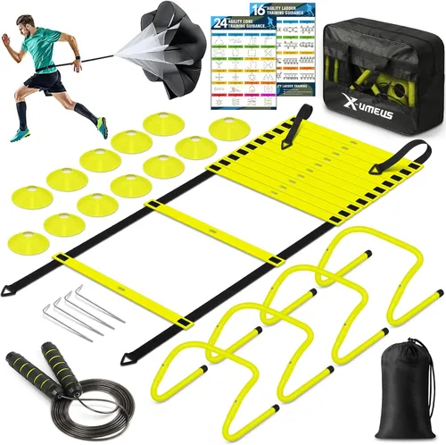 Vista 11 de X-UMEUS Agility Ladder Speed Training Equipment Set-20ft Agility Ladder,12 Soccer Cones,4 Hurdles, Jump Rope, Running Parachute Basketball Football