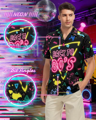 Vista 3 de Zando Traje de los años 90 y 80 para hombre, divertida camisa hawaiana retro de manga corta con botones para discoteca, fiesta temática y playa