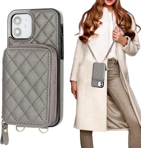 Vista 9 de Bocasal Funda tipo cartera cruzada para iPhone 12/12 Pro, bloqueo RFID, de piel sintética, con cremallera, bolso cartera con tapa plegable, funda
