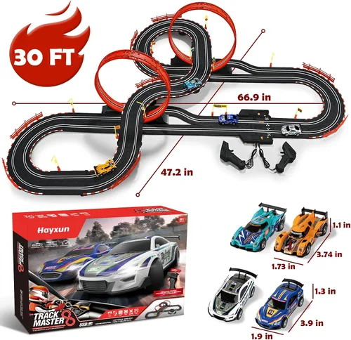 Vista 7 de Conjuntos de Pistas de Carreras de Coches de Ranura de 30 Pies, Juguetes para Edades 8-10 - Pista Doble de Carreras de Coches 1:43 con 4 Coches