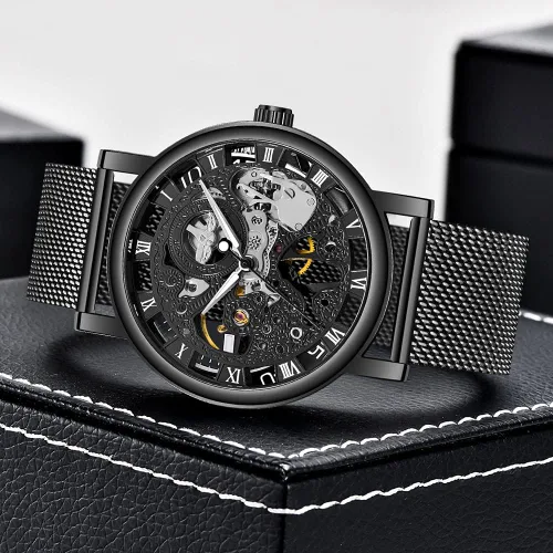 Vista 3 de Reloj de hombre con correa de acero inoxidablecorrea de malla reloj mecánico de esqueleto para hombre