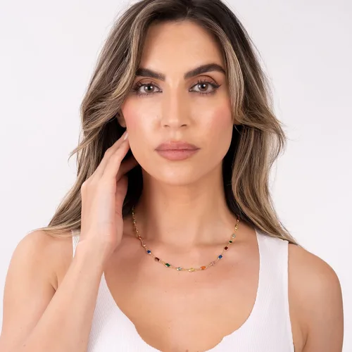Vista 3 de Barzel Collar ovalado de cristal de piedra multicolor chapado en oro de 18 quilates para mujer, hecho en Brasil, Latón