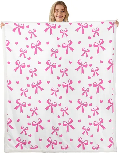 Vista 11 de Manta de franela de forro polar con lazos rosados femeninos de 40 x 50 pulgadas, manta mullida de corazones para el día de San Valentín para sofá