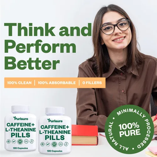 Vista 4 de Purisure Cápsulas de teanina de cafeína, píldoras de cafeína 100 mg L teanina para pre entrenamiento, energía y claridad, píldoras energéticas