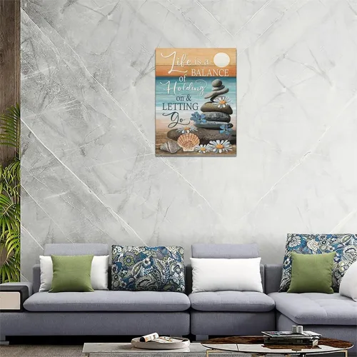 Vista 6 de Lienzo inspirador de playa costera, arte para pared, diseño de piedras zen, puesta de sol y océano, decoración de pared, citas de vida, impresiones