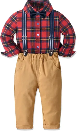 Vista 2 de Dinysuos Conjunto de ropa de caballero para niño pequeño camisa de vestir pajarita tirantes pantalones de mezclilla de 12 meses a 6 años