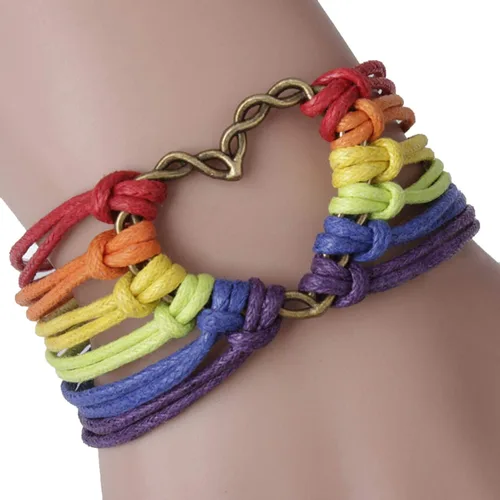 Vista 2 de Pulsera para mujer diseño de corazón de Orgullo Gay multicapa arco iris pulsera de cuerda para lesbianas