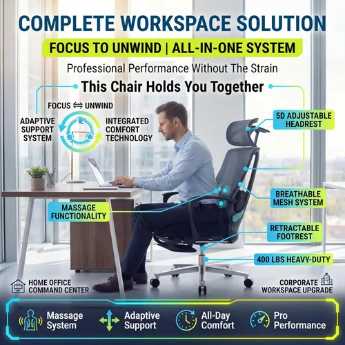 Vista 8 de Silla de oficina ergonómica con reposapiés y masajeador lumbar ajustable, respaldo alto, grande y alto, silla de escritorio con reposacabezas 5D