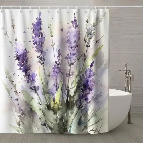 Vista 2 de TheBlackSpot Juego de cortinas de ducha con diseño floral de lavanda y acuarela, lila, plantas de campo, cortinas de baño, juegos de decoración
