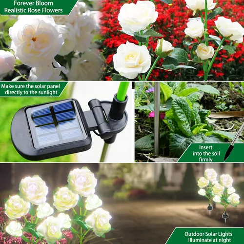 Vista 2 de SmilingTown Luces solares de flores para exteriores, impermeables, [actualizadas], paquete de 2 10 rosas blancas, luces decorativas para jardín