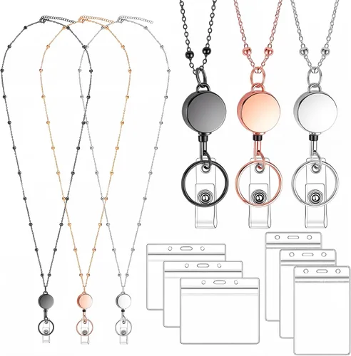 Vista 9 de Paquete de 3 cordones para insignias de identificación con 6 soportes retráctiles de acero inoxidable para profesores, cruceros, para niñas y Negro