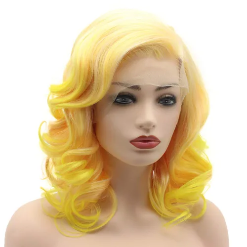 Vista 2 de Cabello ondulado longitud del hombro 16 pulgadas dos tonos raíz rosa dorado degradado densidad alta realista sintético encaje frente pelucas