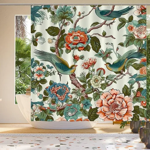 Vista 4 de Cortina de ducha de poliéster con diseño de peonía roja, diseño de flores, animales, pájaros, cortina de baño con diseño de flores de coral, cortina