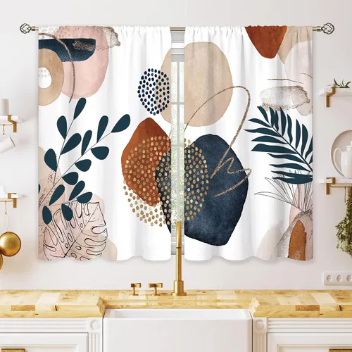 Vista 15 de Cortinas bohemias de cocina pequeñas de mediados de siglo, tratamiento abstracto moderno para ventana, bolsillo para cortinero, cortinas cortas