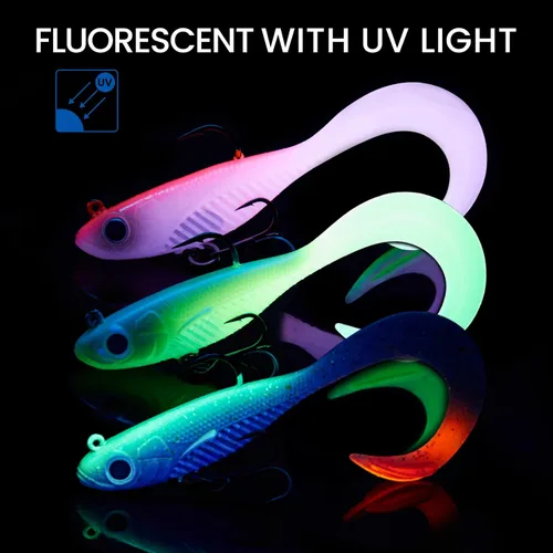 Vista 5 de TRUSCEND Duramax TPE Soft Fishing Lures with BKK Hooks, Easy Catch Curly & T-Tail for Trembly Sinking & Vibrating Swim, UV or Glow Effect for All