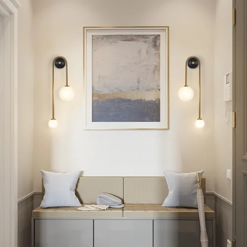 Vista 8 de Lámpara de pared moderna de mediados de siglo con forma de globo para interiores, 2 luces, color negro y dorado, con vidrio de leche, lámparas