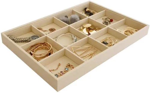Vista 2 de Bandeja organizadora grande apilable de terciopelo suave beige claro para el hogar (12 rejillas)