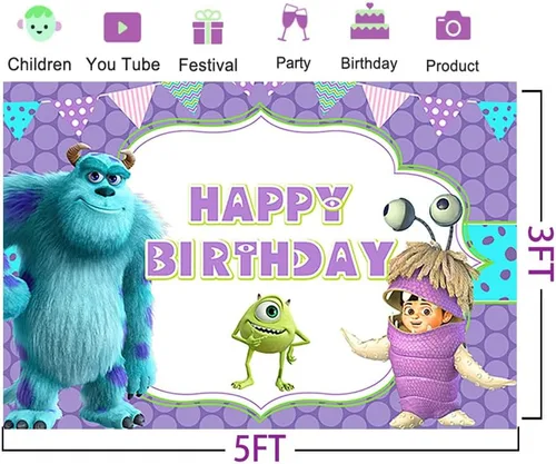 Vista 2 de Fondo de Monster Inc púrpura para suministros de fiesta de cumpleaños, 5 x 3 pies, Monster Inc Boo Theme Baby Shower Banner para fiesta