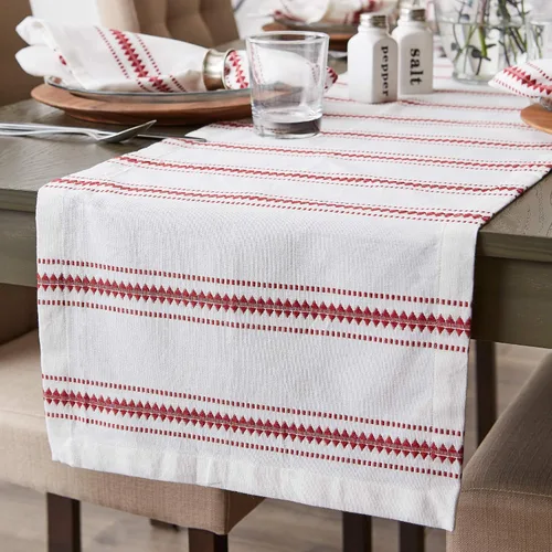 Vista 4 de DII Zig Dobby - Colección de mesa, fondo de algodón blanco con rayas adornadas, camino de mesa, 14 x 72 pulgadas, color rojo granero