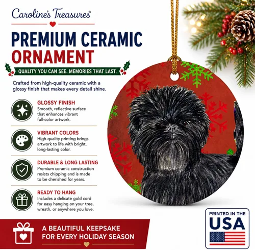 Vista 2 de Caroline's Treasures Affenpinscher - Adorno de cerámica para colgar en el árbol de Navidad con copos de nieve rojos y verdes, para el hogar