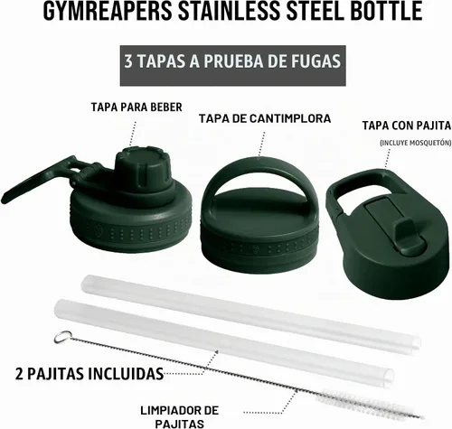 Vista 5 de Gymreapers Botella de agua aislada - Acero inoxidable 32 oz, 3 tapas (pajita, trago, cantimplora), aislamiento al vacío de doble pared, taza térmica