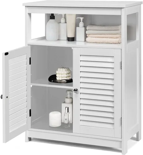 Vista 11 de COSTWAY Armario de almacenamiento para baño, organizador de almacenamiento lateral de madera con puertas de rejilla y estante extraíble, gabinete