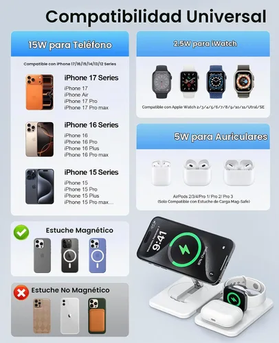 Vista 6 de Cargador inalámbrico magnético 3 en 1 para múltiples dispositivos Apple, estación de carga rápida plegable - Soporte de cargador Magsafe