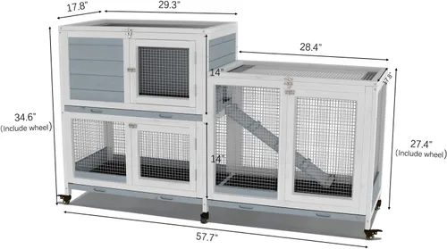 Vista 2 de GDLF - Conejera de 58 pulgadas, jaula de conejito interior con ruedas y bandeja de limpieza 58"L x 17.8"W x 34.6"H, 2-Level Design with Wheels