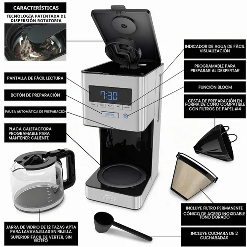 Vista 8 de VINCI RDT Elite - Cafetera giratoria con cabezal rociador Cafetera programable de 12 tazas con función Bloom y tecnología de dispersión rotativa