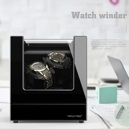 Vista 7 de TRIPLE TREE Enrollador de reloj doble para relojes automáticos, caja automática de reloj con acabado de piano de carcasa de madera, con motor