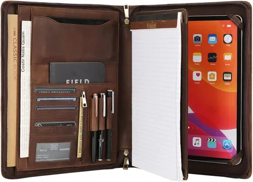 Vista 12 de Portafolio de cuero para iPad Pro/Air de 13/12.9/11 pulgadas, soporte de cuero grabado con soporte para iPad para bloc de notas tamaño carta Negro