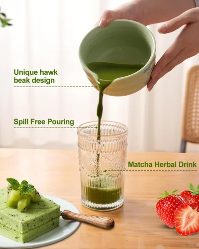 Vista 5 de Juego de batidor de matcha, juego de matcha de cerámica incluye cuenco matcha, batidor de matcha y soporte, cuchara de bambú, soporte para Verde