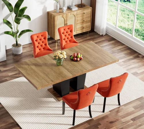 Vista 53 de Juego de mesa de comedor extensible marrón de 63 a 78.74 pulgadas para 4, juego de mesa de comedor de 5 piezas con 4 sillas, mesa de cocina