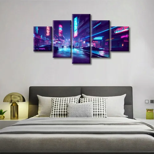 Vista 49 de Cuadros de 5 paneles de Cyberpunk City, arte de pared, representación de vallas publicitarias, edificios modernos en la capital con obras de arte