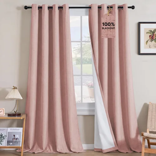 Vista 110 de H.VERSAILTEX Cortinas 100% opacas con aislamiento térmico, texturizadas, de lino, con bloqueo completo de calor y luz, para sala de estar y Negro