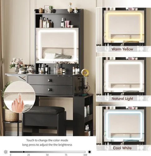 Vista 3 de Vabches Escritorio pequeño de maquillaje, 3 espejos iluminados ajustables, juego de tocador blanco, panel plegable, estación de carga, parte