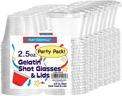 Vista 4 de Party Essentials Vasos desechables de gelatina/chupito de plástico de 2.5 onzas con tapas, 200 unidades, transparente